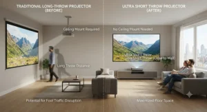 An infographic illustrating the space-saving benefits of an ultra short throw projector compared to traditional long-throw models in a compact flat.
