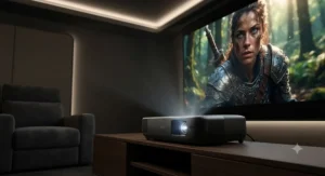 Close-up of a 4K ultra short throw projector displaying a crisp, vibrant film in a home cinema setup