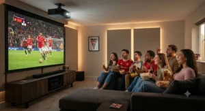 Group of friends watching live sports on a large screen via a high-performance DLP projector