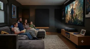 Family watching a film in a home cinema setup using a premium laser ultra short throw projector.