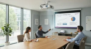 An LCD projector displaying a business presentation in a modern office meeting space.