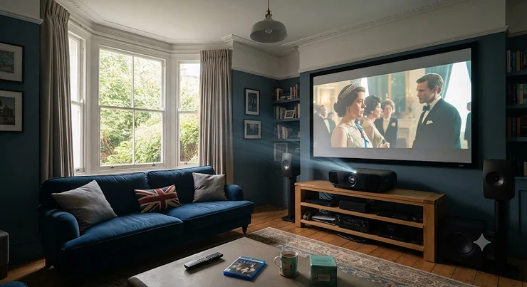 A high-performance long throw projector set up in a British living room for home cinema viewing