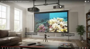 Comparing DLP and LCD projector brightness performance in a naturally lit British living room