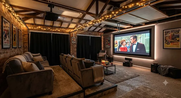 A cosy home cinema set up in a British double garage featuring a high-definition projector and comfortable seating.