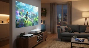 Short throw projector connected to a games console displaying a vibrant video game in a modern flat