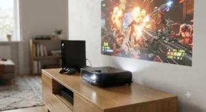 Close-up of a high-performance short throw projector for gaming positioned close to a white wall showing a fast-paced game.