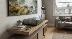 A close-up of a premium ultra short throw projector design, showcasing its compact form factor ideal for small London apartments.