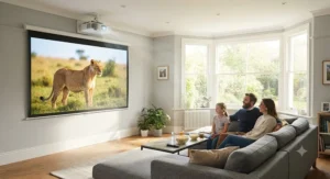 A high-lumen 4K laser projector providing a crisp, clear image even in a bright room during the day.