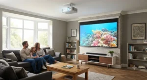 A bright DLP projector displaying crisp images in a well-lit British living room