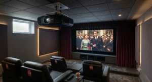 A sleek long throw projector securely mounted to the ceiling of a dedicated UK home theatre room