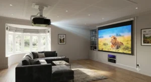Professional ceiling mount installation of a long throw projector in a large lounge or multipurpose room