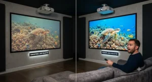 Side-by-side comparison showing the superior colour accuracy and vibrant visuals of a premium laser projector.