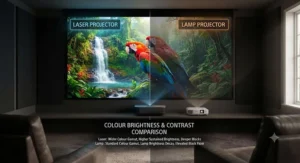 Visual demonstration of superior colour accuracy and brightness levels in laser projectors versus lamp-based models.
