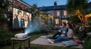 A portable laser projector being used for an outdoor garden cinema event on a warm British summer evening.