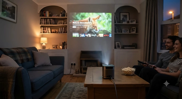 Compact projector set up on a coffee table in a cosy British living room for home cinema nights. projector for small room