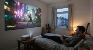 A compact short throw projector for gaming ideal for smaller UK bedrooms and flats, displaying crisp graphics.