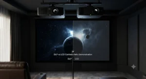Demonstration of black levels and contrast ratios in a darkened room comparing DLP and LCD projectors