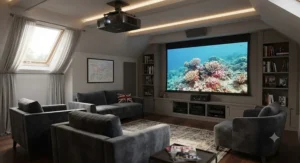 A home cinema lounge in the UK featuring a high-quality projector setup