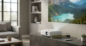 Demonstration of a laser ultra short throw projector positioned just inches away from the projection surface.