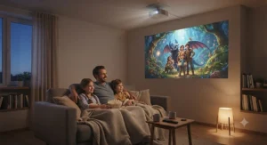 Family enjoying a movie night with a small-room projector shining onto a bedroom wall.