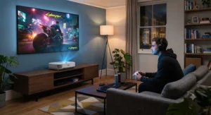 Immersive gaming experience using a 4K UST projector under £2000 on a large wall in a home.