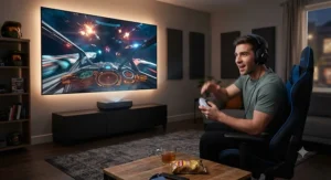 A gamer enjoying an immersive experience on a large screen powered by a laser ultra short throw projector.
