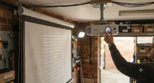 Close-up of a digital projector focusing an image onto a white pull-down screen in a garage workshop space.