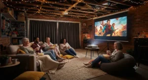 Friends enjoying a film night in a converted garage with ambient fairy lights and a large projection screen.