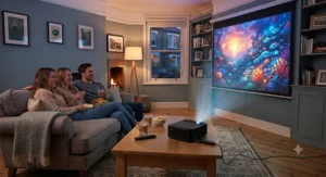 A vibrant, colour-rich scene displayed by a laser projector under £1000 on a projector screen.