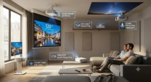 Illustrations showing flexible mounting and installation positions possible with compact laser projectors.