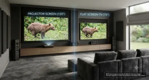 An illustration of a home cinema layout choosing between a projector screen and a large flat screen television.