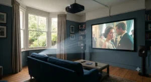 Diagram showing projection distance and light beam of a long throw projector across a room
