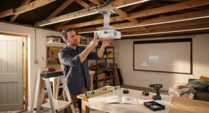 Step-by-step installation of a ceiling-mounted projector in a domestic garage for home entertainment.