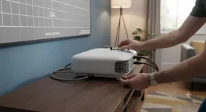 Easy installation process of a 4K UST projector under £2000 positioned close to the projection screen.
