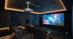 A professional ceiling-mounted laser projector installation in a spacious home theatre.