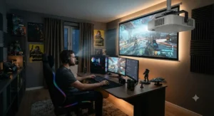 A gamer using the best laser projector for low-latency, big-screen gaming in a dedicated hobby room.