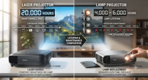 Graphic showing the longer operational lifespan of a laser projector compared to the frequent lamp replacements required by traditional projectors.