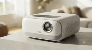 Close-up of a modern, stylish laser projector under £1000 showing its compact build.