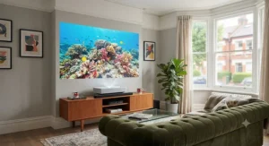 Laser short throw projector showing a crisp, bright image during daytime viewing with curtains open