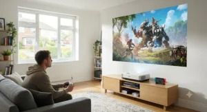 A bright laser short throw projector for gaming operating in a well-lit room with daylight coming through the window.
