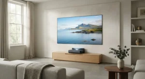 Minimalist living room design featuring a hidden laser ultra short throw projector near the wall.