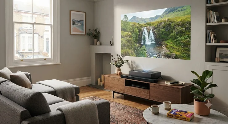 A sleek laser ultra short throw projector placed on a modern media console in a stylish British living room.