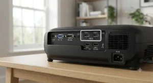 Rear view of an LCD projector highlighting HDMI and USB ports for easy connectivity.