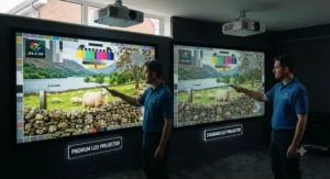 Side by side comparison showing the image clarity of the best LCD projector technology.