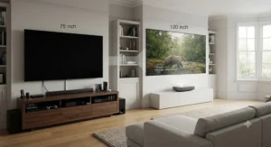 Illustration demonstrating how an ultra short throw projector saves space compared to a large wall-mounted television.