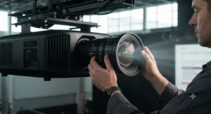 Person adjusting the manual zoom and focus ring on the lens of a professional long throw projector