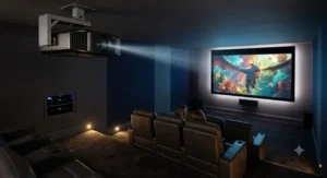 Traditional long throw projector mounted at the back of a dedicated home cinema room for optimal throw distance