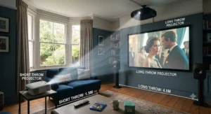 Visual comparison illustrating the throw distance difference between a long throw projector and short throw model