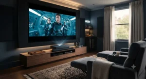 A professional-grade home theatre setup featuring a laser ultra short throw projector and soundbar.