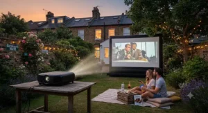 A long throw projector projecting an outdoor film onto a garden screen during a British summer evening